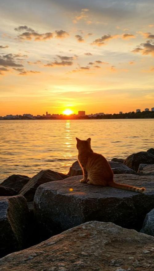 Hình nền mèo chill dưới ánh hoàng hôn cực đẹp, lãng mạn 