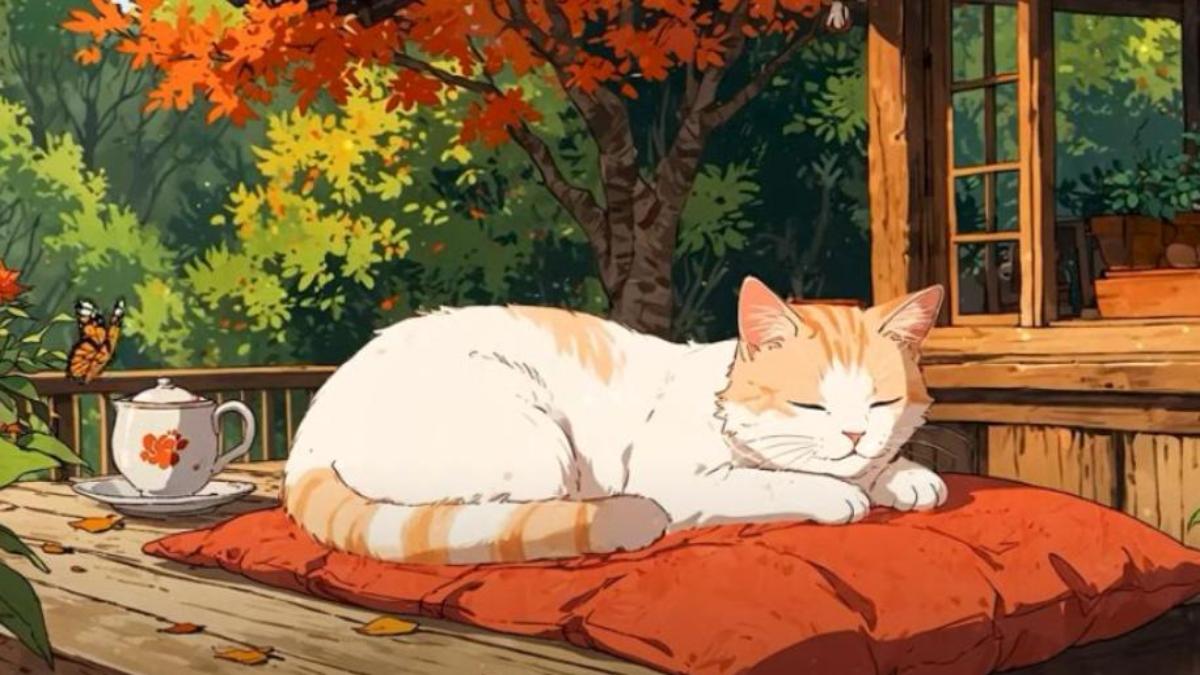 Hình nền mèo anime ngủ cho laptop 