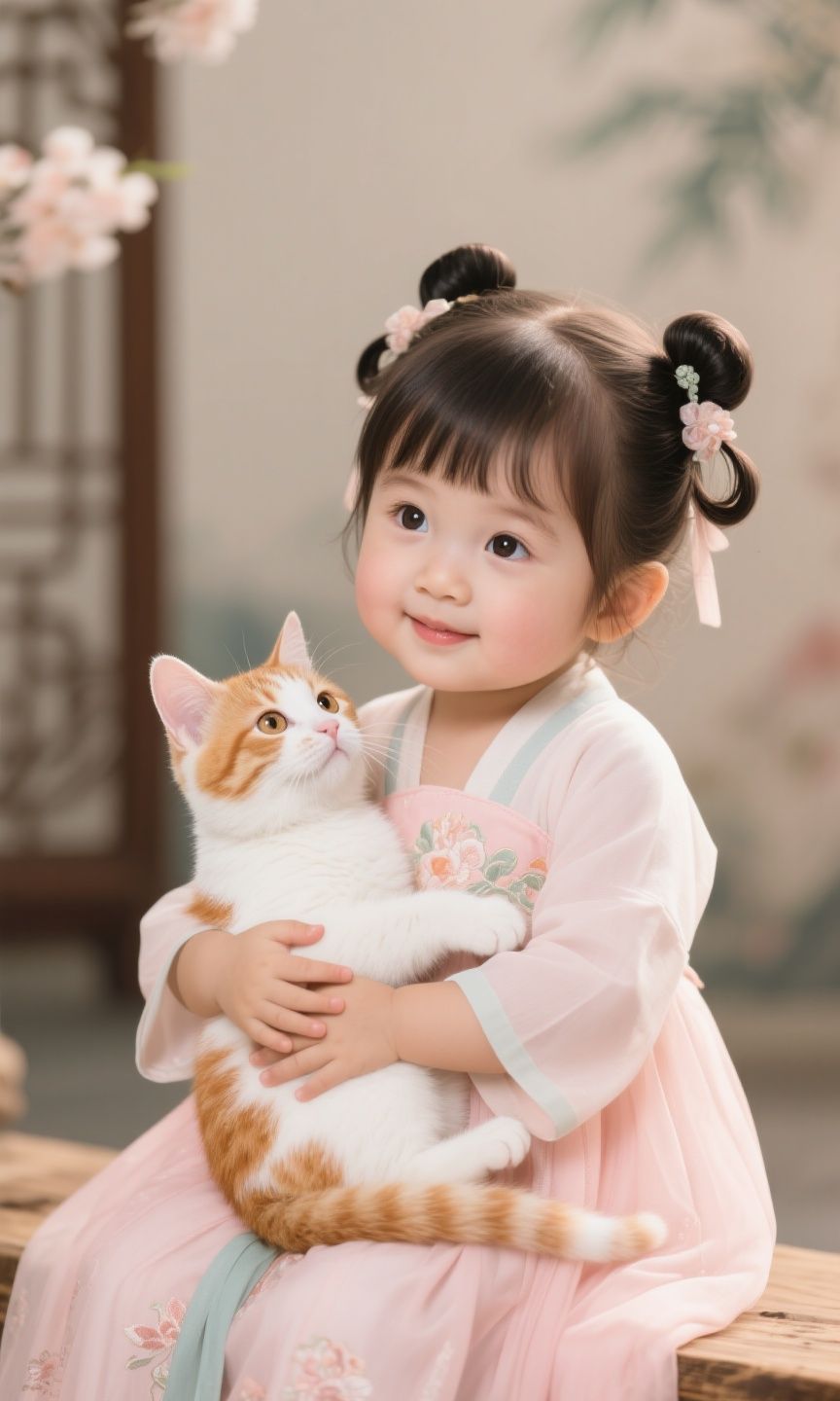 Hình nền cổ trang bé gái và mèo con