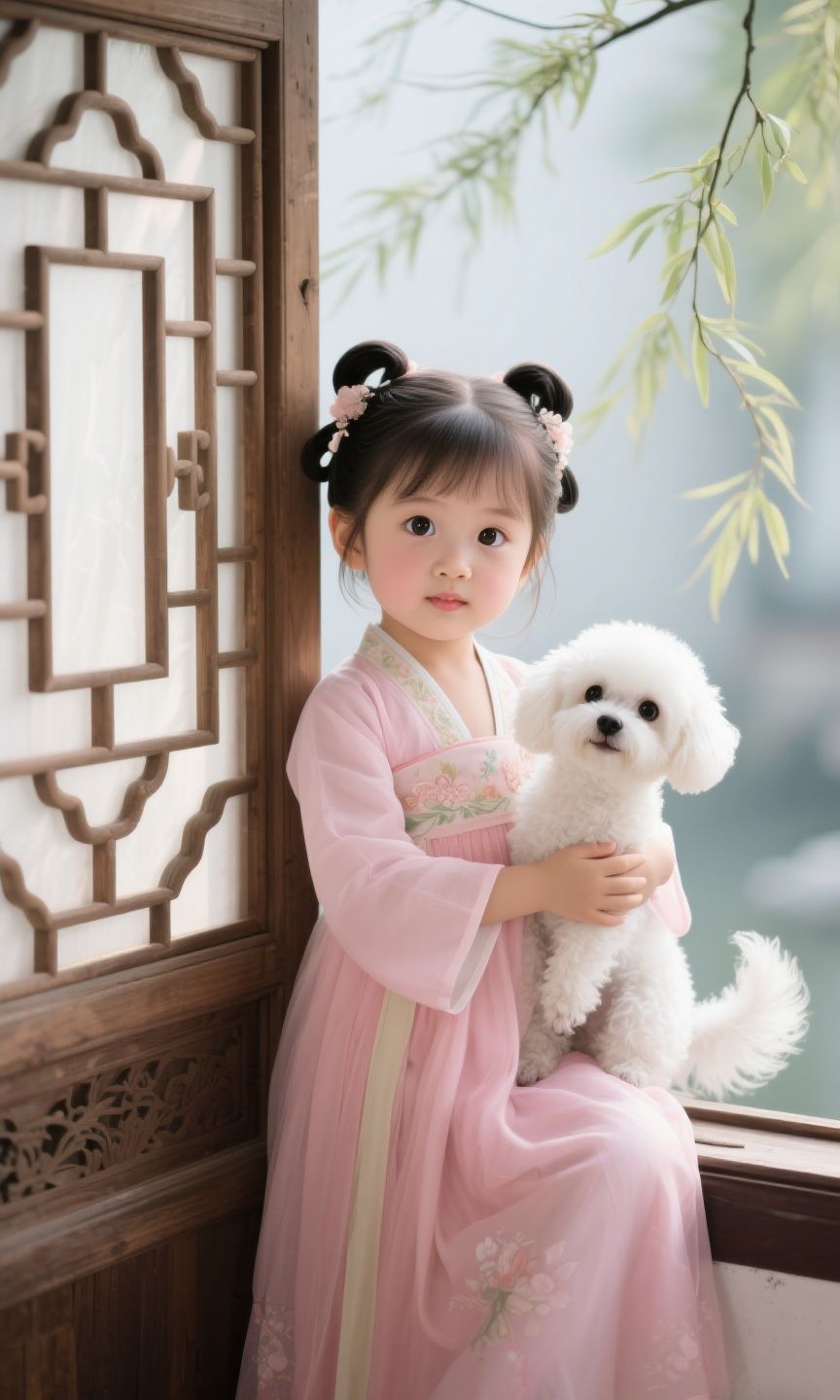 Hình nền cổ trang bé gái và cún nhỏ